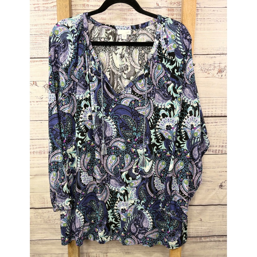 J. Jill Womens XL Purple Paisley Rayon Tassel Split Neck Tunic Blouse - Picture 2 of 13